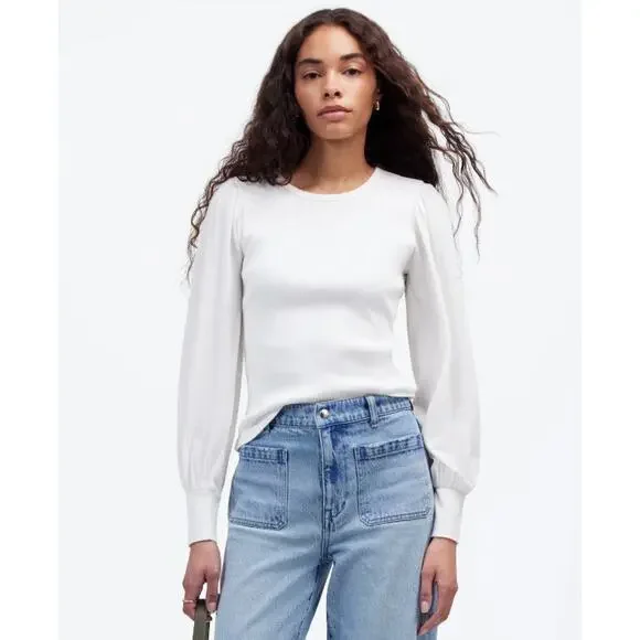 Madewell Ribbed Puff-Sleeve Top Sz S White Long Sleeve Slim Fit Pullover Cotton - Picture 1 of 8